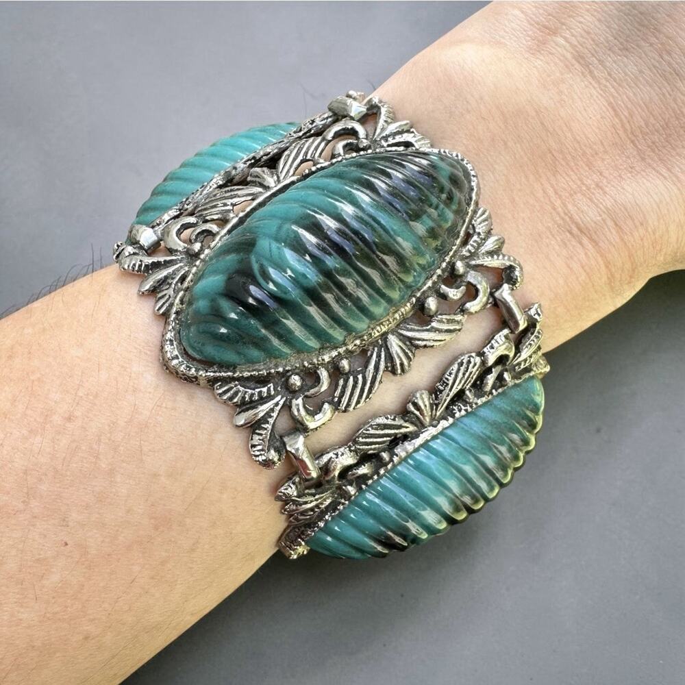 Vintage Moulded Panel Bracelet Selro Style Turquoise Gothic Maximalist Statement